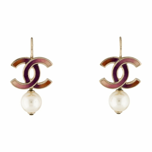 100% Authentic Chanel Enamel CC & Faux Pearl Dangle Drop Earrings - Picture 4 of 5